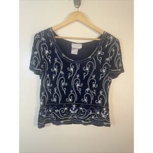 Vintage Adriana Papell Occasions Silk Beaded Blouse Women's 14 Navy Embroidered